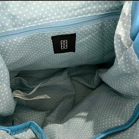 MSK Blue and Beige Fringe Drawstring Backpack - Picture 2 of 7